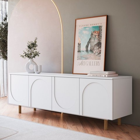 Rack para TV até 60 Polegadas 180cm Pés em Madeira Maciça Portas Orgânicas Branco