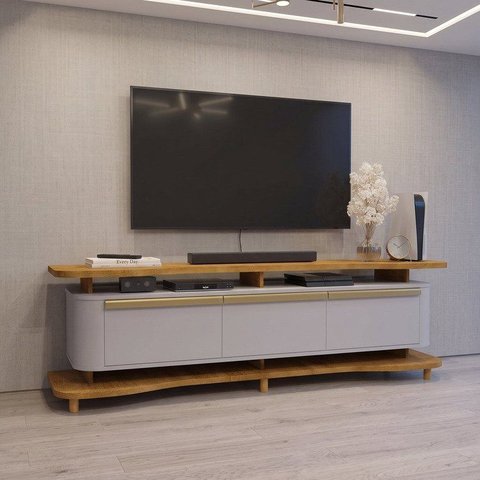 Rack para TV até 75 Polegadas com Pés em Madeira Maciça Guarapari 180cm Móveis Bechara Cinza/Naturalle
