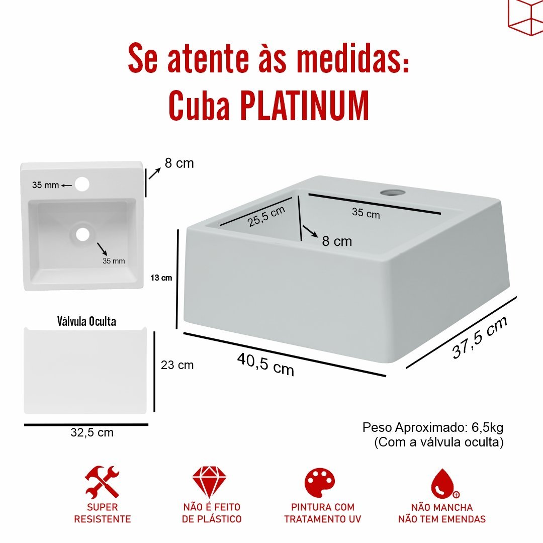 Pia Cuba Sobrepor para Banheiro de Mármore Sintético Vermelho Platinum 40,5 X 37,5 Quanta Compositos - 5