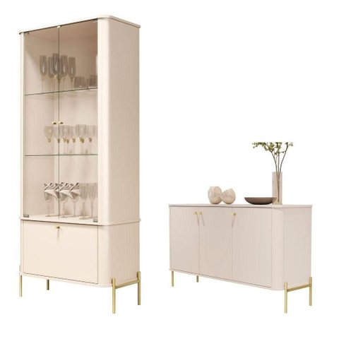 Conjunto Buffet e Cristaleira Mística Th Shop MDF Off White Dourado Bechara Móveis