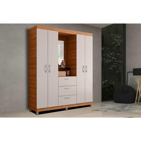 Guarda Roupa Casal 4 Portas e 3 Gavetas C/ 1 Espelho Clapton Freijo/off White - Caemmun