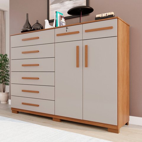 Cômoda para Quarto 2 Portas 8 Gavetas Esmeralda Expresso Móveis Marrom/Cinamomo/Off White