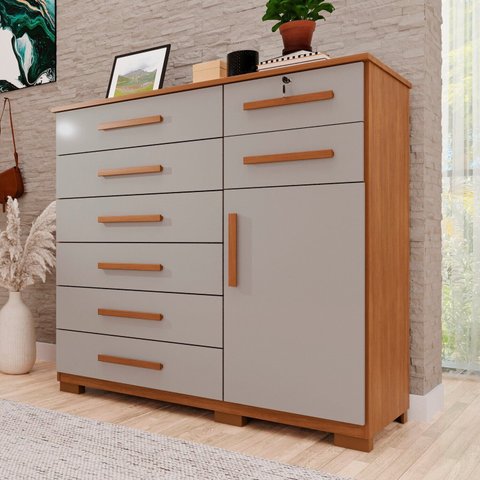 Cômoda para Quarto 1 Portas 8 Gavetas Ônix Expresso Móveis Marrom/Cinamomo/Off White
