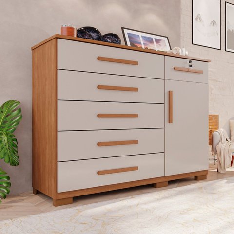 Cômoda para Quarto 1 Portas 6 Gavetas Jade Expresso Móveis Marrom/Cinamomo/Off White