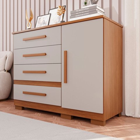Cômoda para Quarto 1 Portas 4 Gavetas Pérola Expresso Móveis Marrom/Cinamomo/Off White