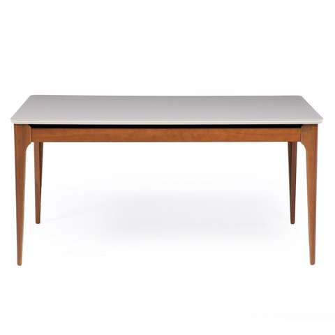 Mesa de Jantar 160cm com Base de Madeira Natural e Tampo de Vidro Addar Branco/Off White Fosco/Marrom