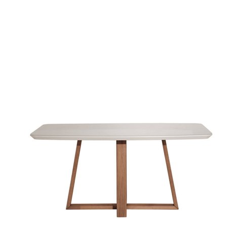Mesa de Jantar 160cm com Base de Madeira Natural e Tampo de Vidro Bennett Branco/Nartural/Off White Gloss