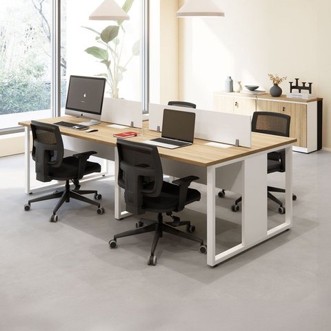 Conjunto Plataforma de Trabalho 4 Lugares 240cm com Tomadas Bege e Branco
