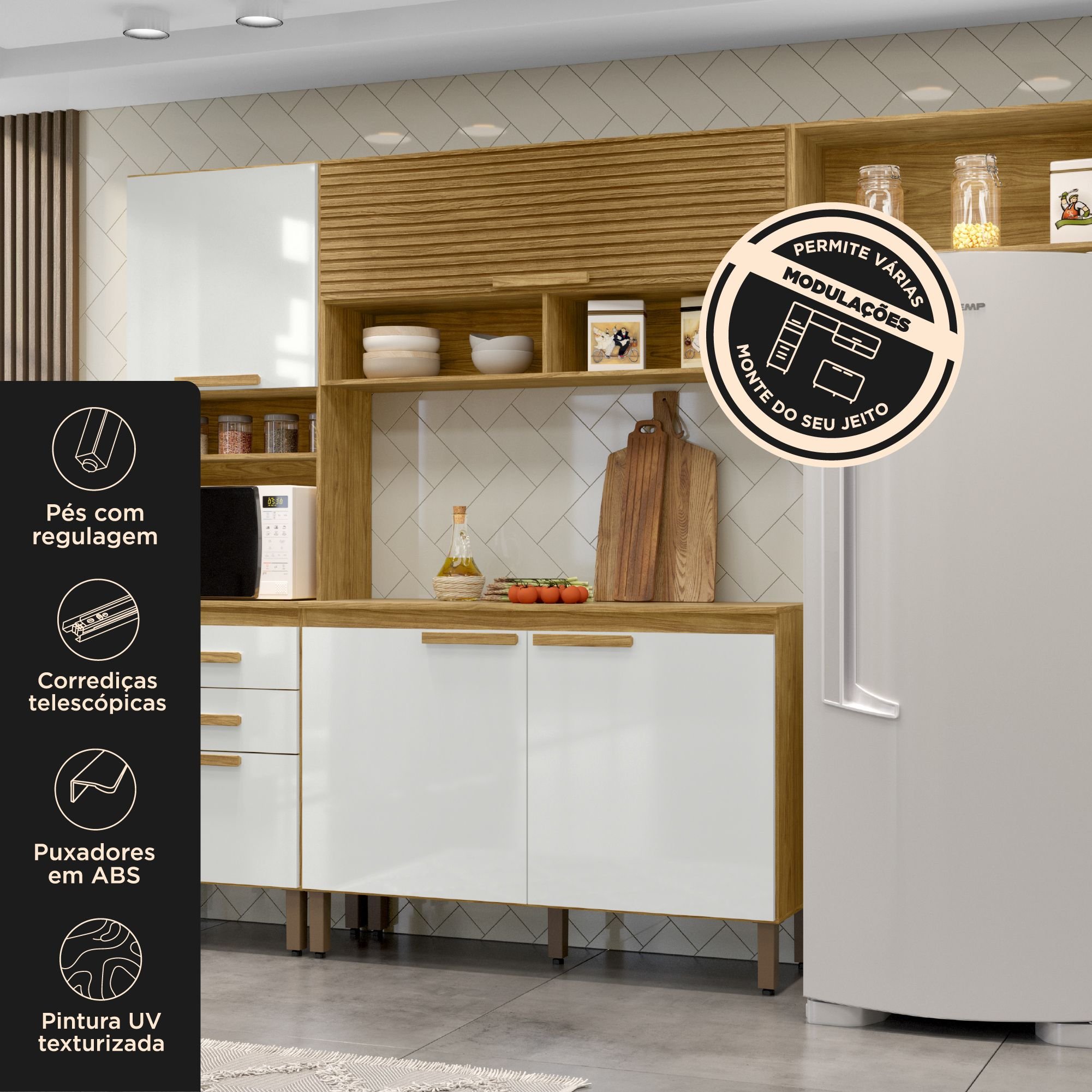 Cozinha Compacta 5 Portas 2 Gavetas Sara Marrom/Marrocos/Off White