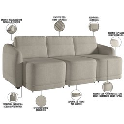 Sofá Cama para Sala de Estar 3 Lugares 246cm Montserrat K01 Bouclê Bege - Lyam Decor - 4