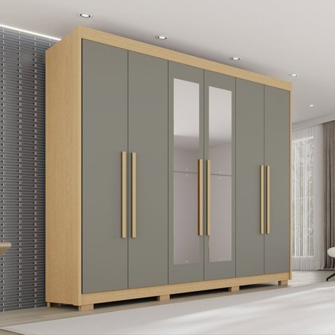 Guarda Roupa Casal com Pés e Espelho 6 Portas 6 Gavetas 100% MDF Itália Plus Cinza/Jequitibá/Granizo