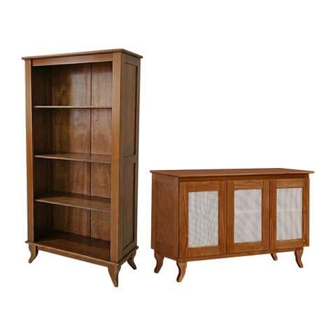 Conjunto Aparador Deltan 3 Portas Tela Rattan com Cristaleira sem Porta Luiz Xv sem Portas - Castanh