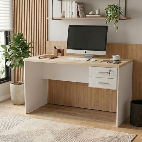 Escrivaninha Mesa de Escritório com 2 Gavetas 120cm Bege Carvalho/Branco