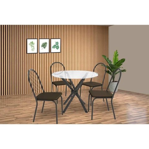 Conjunto: Mesa Sala Jantar Volga C/ Tampo de Vidro 95cm e 4 Cadeiras Noruega Preto - Marrom -