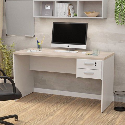 Mesa de Escritório Escrivaninha com Gaveta 140cm Carvalho e Branco Bege