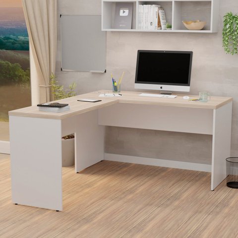Mesa de Canto em L para Escritório Tampo 140cm Carvalho E Branco