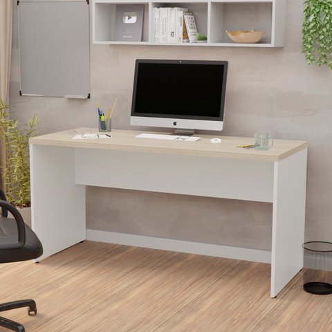 Mesa de Escritório Escrivaninha Tampo 160cm Carvalho e Branco Bege