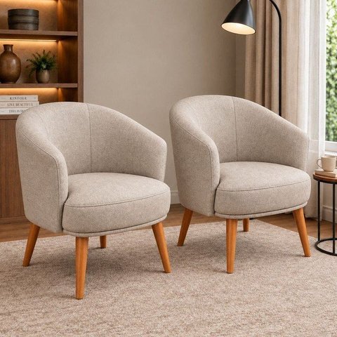 Kit 2 Poltronas Decorativa Linho Premium Base Madeira Maciça Luiza
