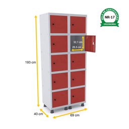 ROUPEIRO DE AÇO 2M 10 PORTAS PITÃO PANDIN - CINZA/VERMELHO GRP 502/10 DI - 2
