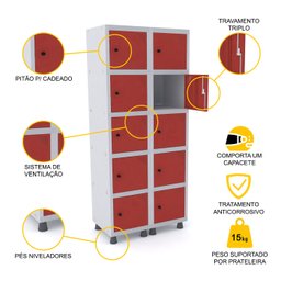 ROUPEIRO DE AÇO 2M 10 PORTAS PITÃO PANDIN - CINZA/VERMELHO GRP 502/10 DI - 3