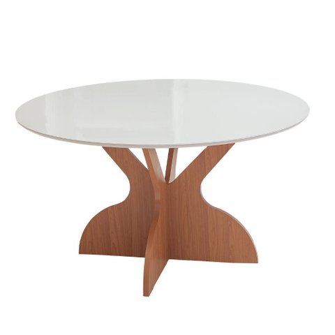 Mesa Jantar Redonda Tampo Vidro 1,35m 04 ou 06 Lugares MDF Cor:Off White com Freijó