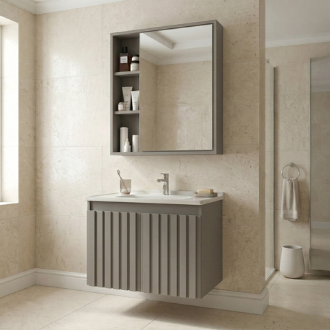 Conjunto Gabinete para Banheiro Suspenso Ripado com Cuba e Espelheira em MDF 60cm Alpes Cimento