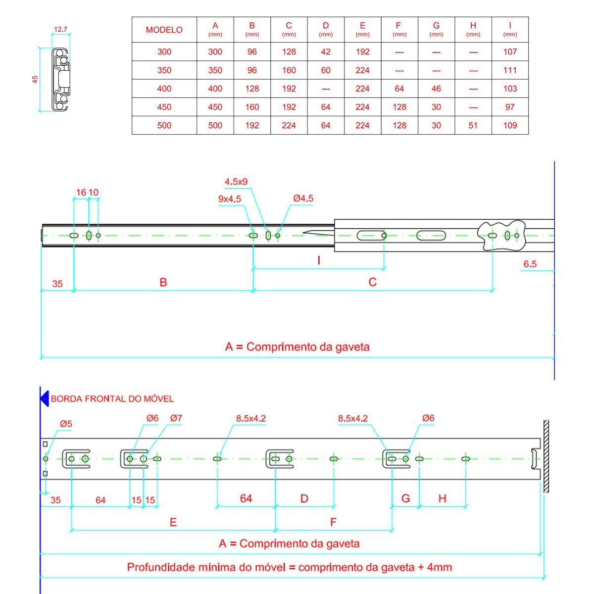 03 Pares Corrediça Gaveta Trilho Telescópico 40 cm para 35kg - Openfield                                                                        - 9