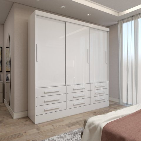 Guarda-roupa Casal Ferrara 3 Portas 9 Gavetas Branco - Panorama Móveis