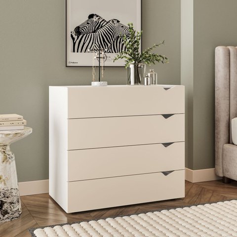 Cômoda para Quarto 4 Gavetas Porto Bege/Branco/Creme