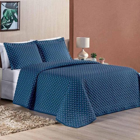 Kit Cobre Leito Espanha Casal Queen 03 Peças Micropercal 200 Fios Matelado White Line - Azul
