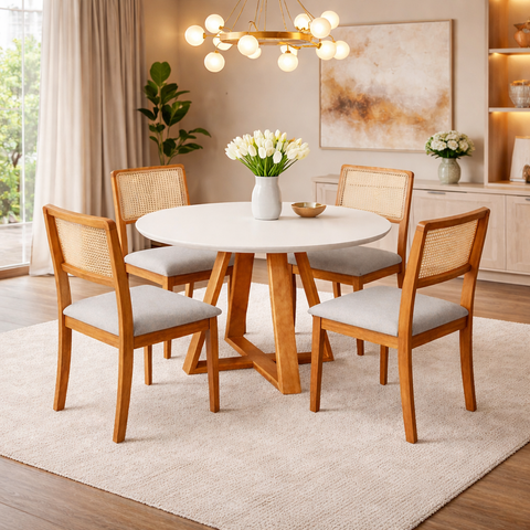 Conjunto Mesa Pérola Redonda com 4 Cadeiras Rubi Veludo Madeira 100cm com Tampo Off White e Vidro