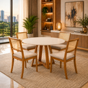 Ver imagem 1 de Conjunto Mesa Pérola Redonda com 4 Cadeiras Rubi Madeira Maciça 100cm com Tampo Off White e Vidro