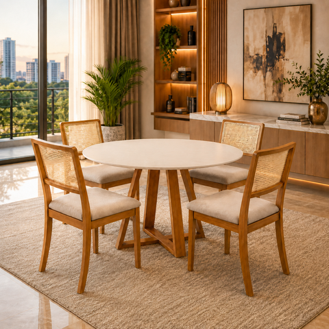Conjunto Mesa Pérola Redonda com 4 Cadeiras Rubi Madeira Maciça 100cm com Tampo Off White e Vidro