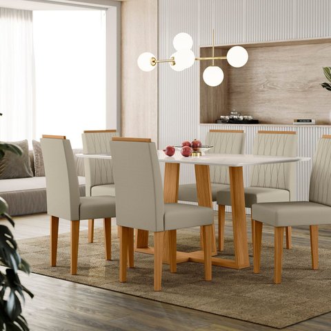 Conjunto Sala de Jantar Mesa Tampo Vidro/MDF Rubi com 6 Cadeiras Ana Marrom/Ype/Off White/JA01