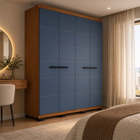 Guarda Roupa 4 Portas 4 Gavetas Lisboa Azul/Freijó
