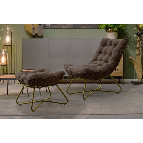 Poltrona Costela Luxo com Puff Eva Metal Dourado Veludo Marrom