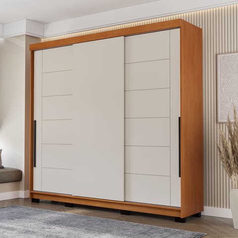Guarda Roupa 3 Portas de Correr 4 Gavetas Lisboa Bege/Freijo/Creme
