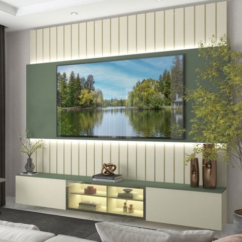 Painel para TV 85 Polegadas Conecta 3 Portas 100% MDF com LED Off White/Verde - Pnr Móveis