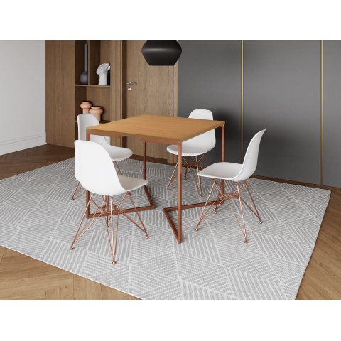 Mesa Industrial Base Ferro Cobre em V Tampo 90x90 Canela 4 Cadeiras Eames Ferro Assento Branco