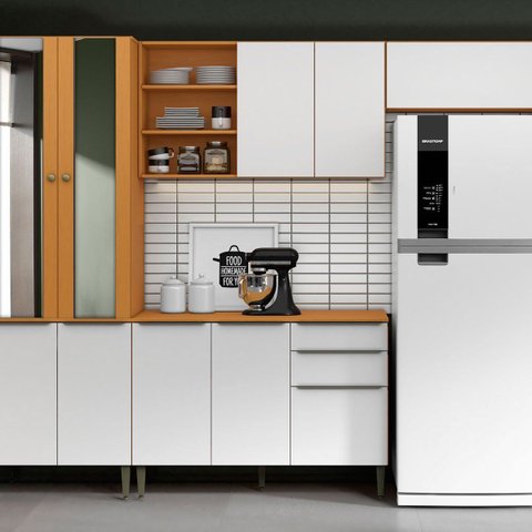 Kit Armário Aéreo e Balcão 120cm com Tampo 100% MDF Luna Cinamomo/Branco