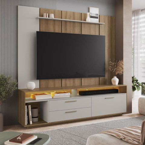 Rack com Painel para TV até 75 Polegadas e LED 1 Porta 2 Gavetas Multimóveis Crart-RCP002 - Mel/