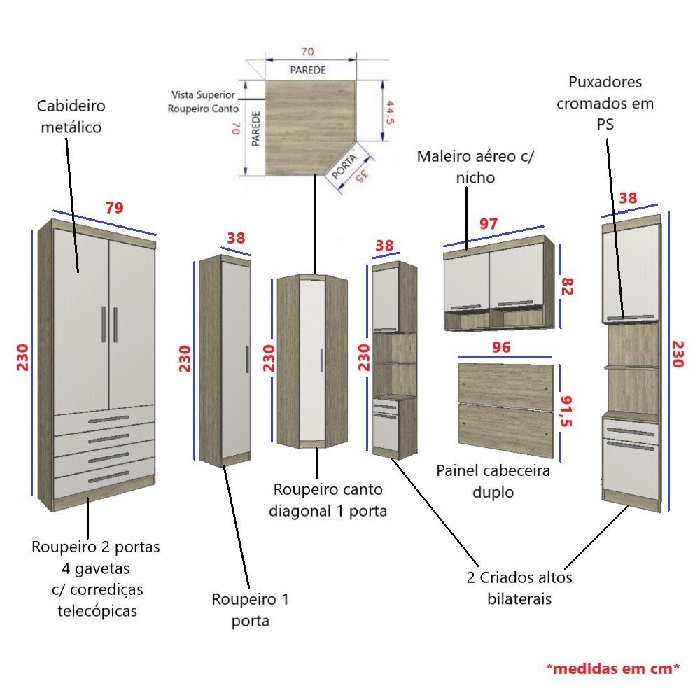 Guarda Roupa Dormitório Modulado Master Solteiro Canto - Roupeiro Luciane M02:Areia - 3