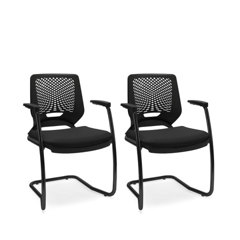 Kit 02 Cadeiras Fixa Aproximação Interlocutor Beezi Base Preta em S Encosto Preto e Assento Couro Ec