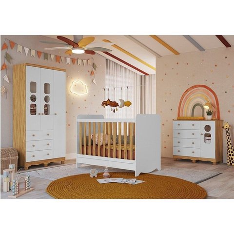 Quarto de Bebê com Guarda-Roupas Cômoda 4 Portas Janeladas e Berço 100% MDF Gael Espresso Móveis Branco/Brilho/Amêndoa