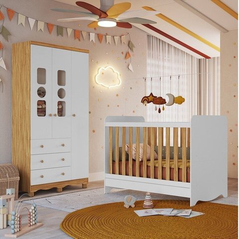 Quarto de Bebê Guarda-Roupas 3 Portas Janeladas e Berço Minicama 100% MDF Gael Espresso Móveis Branco/Brilho/Amêndoa