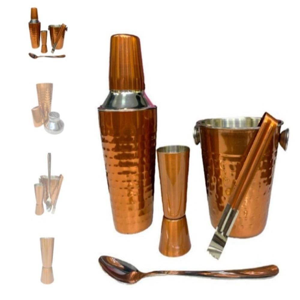 KIT BARTENDER ROSE GOLD COQUETELEIRA AGITADOR BALDE GELO PEGADOR COBRE 6 PEÇAS INOX COMPLETO