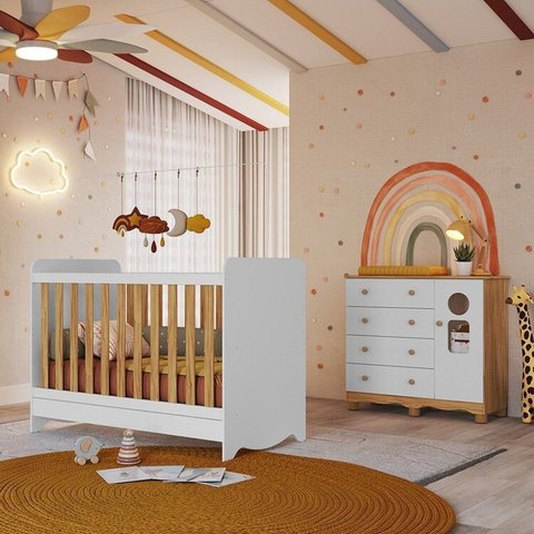 Quarto de Bebê com Cômoda 1 Porta Janelada 4 Gavetas e Berço Minicama 100% MDF Gael Espresso Móveis Branco/Brilho/Amêndoa