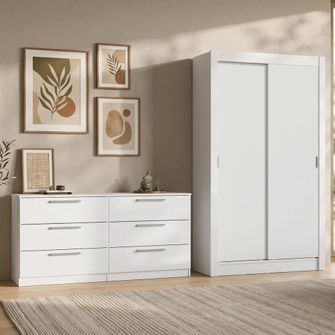 Conjunto Quarto Solteiro com Guarda-Roupa 2 Portas e Cômoda Branco Madesa