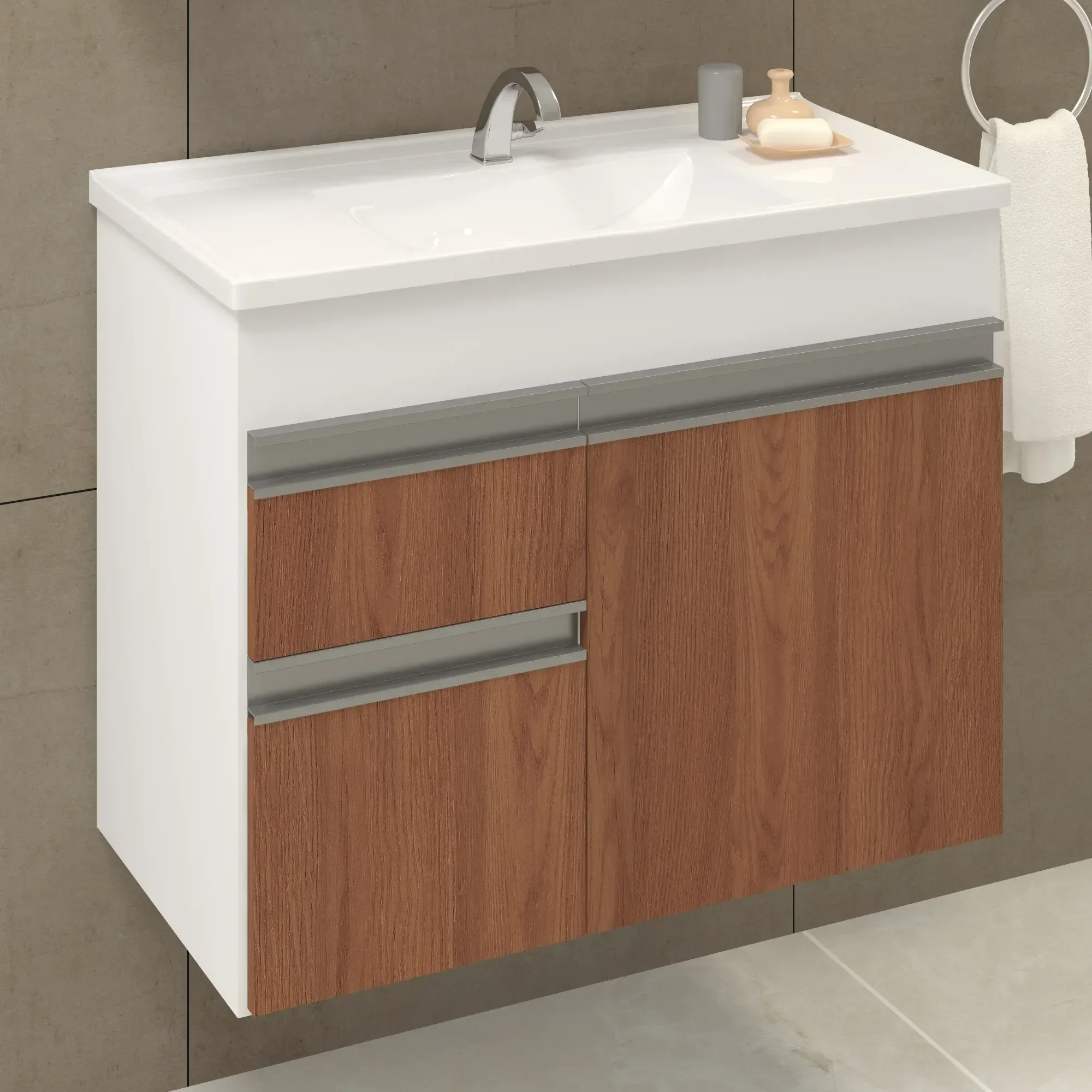 Ver imagem 6 de Conjunto de Banheiro Suspenso 60cm com Espelheira Cuba Embutir Freijó Napoli