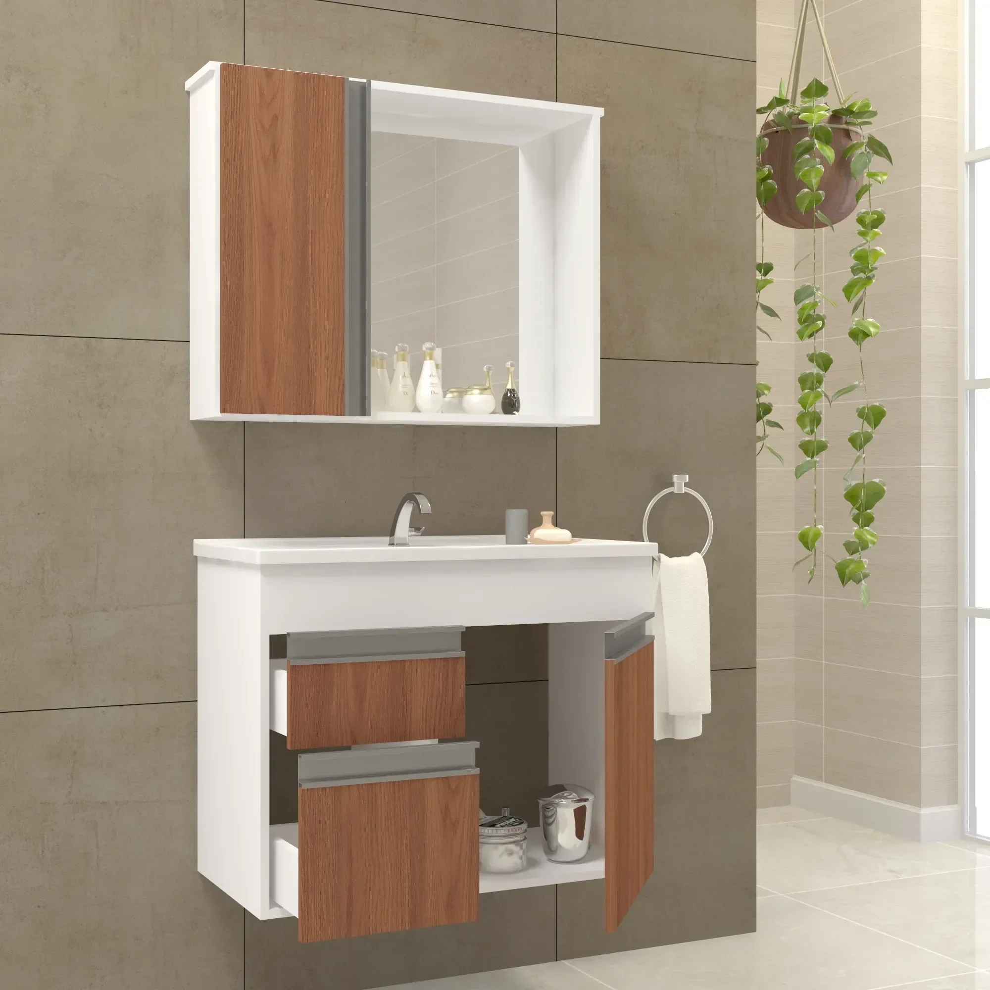 Ver imagem 5 de Conjunto de Banheiro Suspenso 60cm com Espelheira Cuba Embutir Freijó Napoli